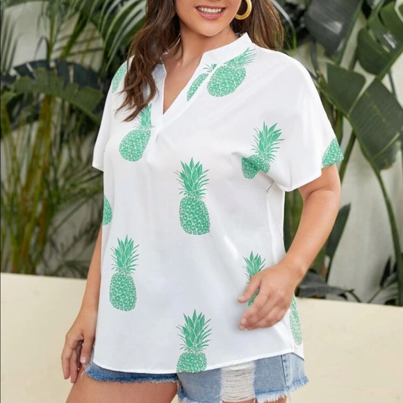 OkPlus Pineapple Print Notched Blouse white and green size 0x - Picture 3 of 6